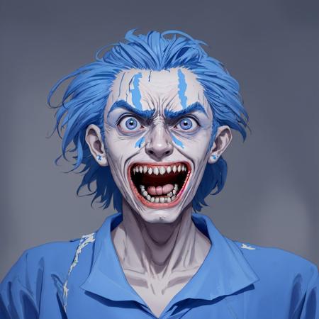 202305192055251670469691-248858686-An insane man in a psychiatric hospital wearing a blue gown, showing teeth, crazy facial expression.jpg